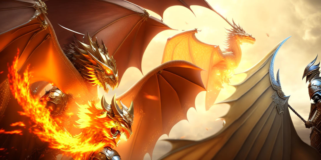 Illustration of fiery dragons soaring through cloudy sky