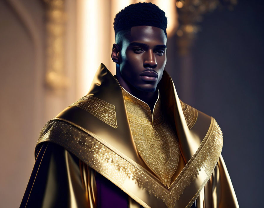 Regal man in high-fashion golden cloak and modern haircut.