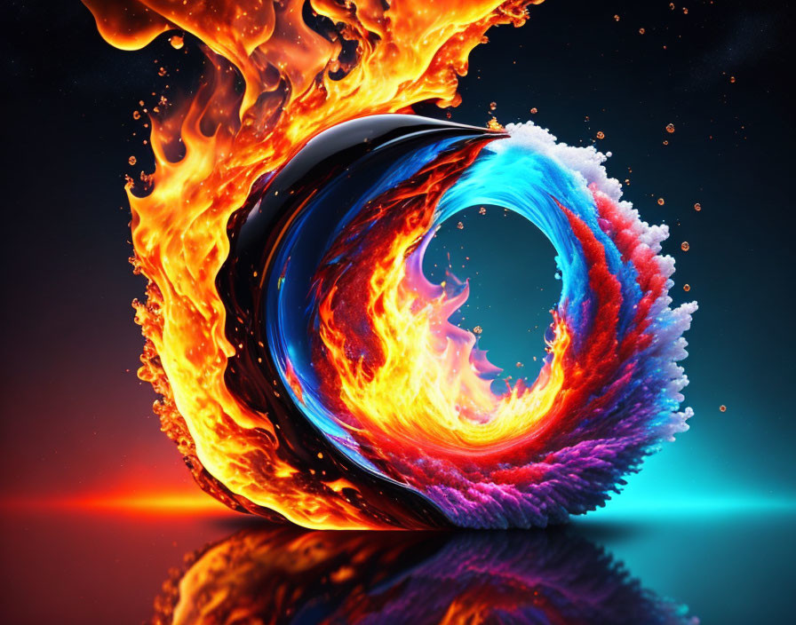 Colorful Abstract Yin-Yang Symbol with Fire and Water Elements