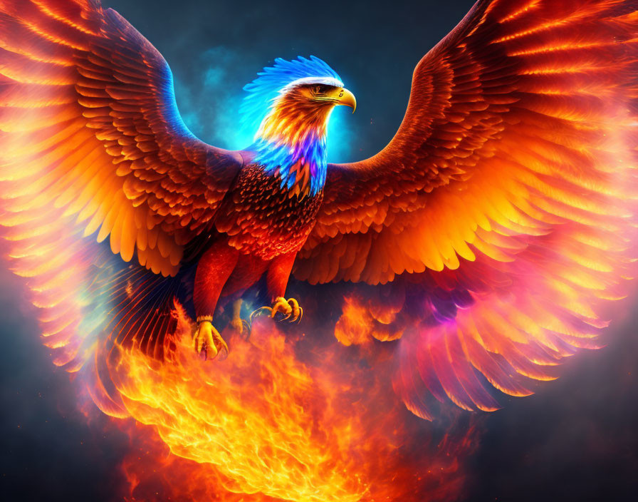 Vibrant orange and red phoenix with fiery wings on dark background