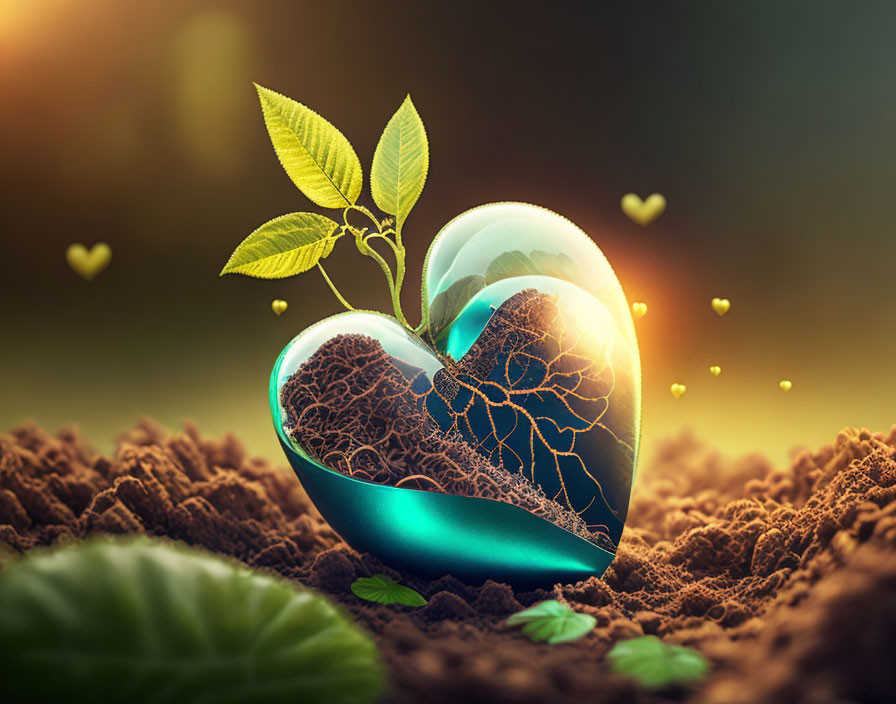 Digital Artwork: Glass Heart with Plant and Glowing Hearts