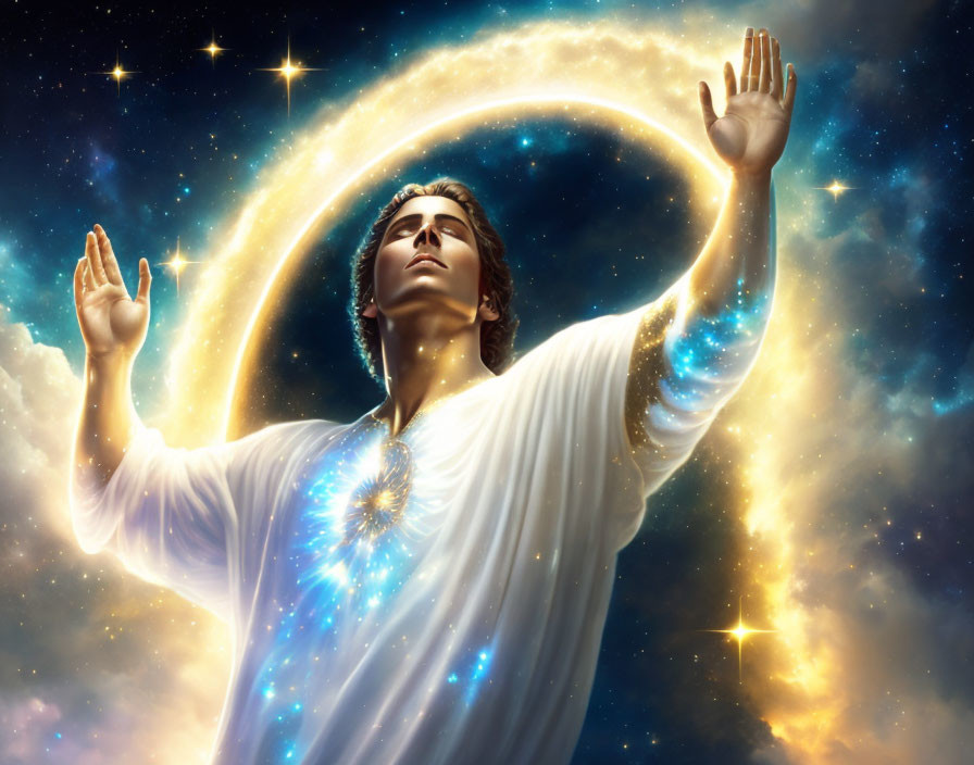 Person in white robes with raised arms amid cosmic backdrop