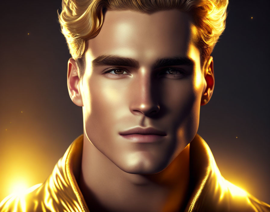 Golden-haired man with sharp features in glowing digital art