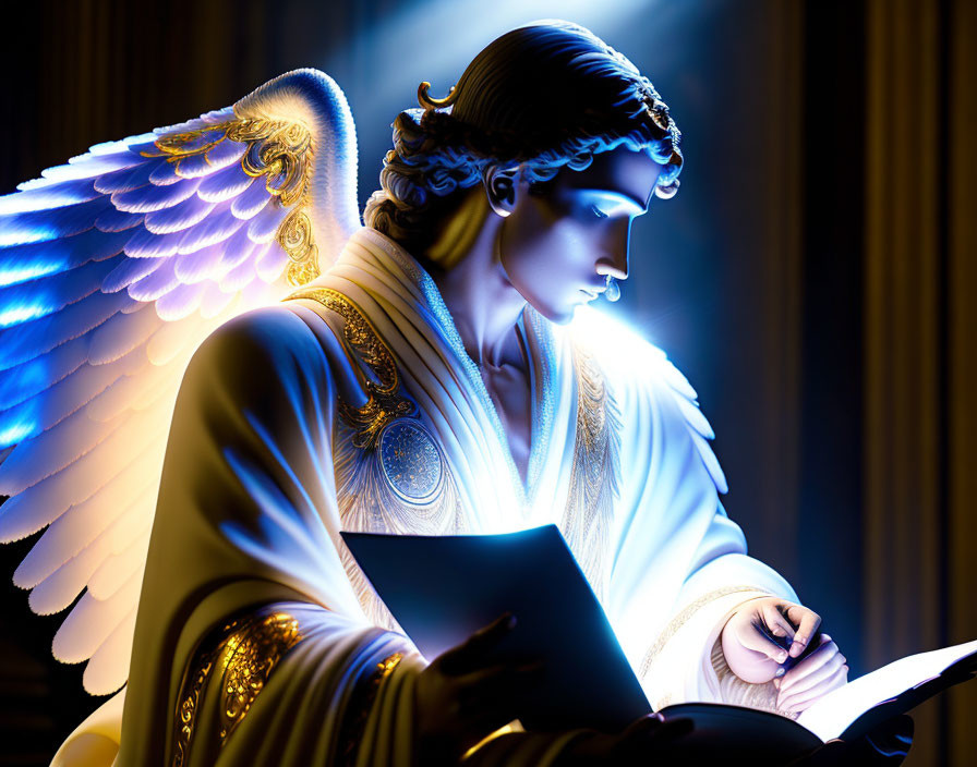 Angel with wings reading book in soft glow on striped background