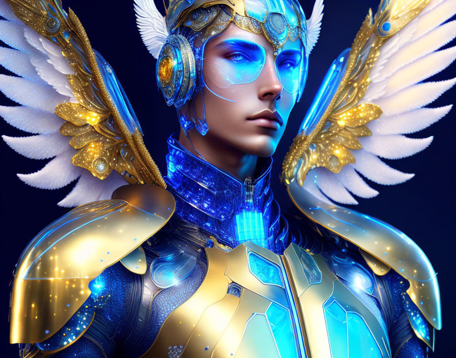 Male figure with golden armor, white wings, and blue visor in digital art portrait