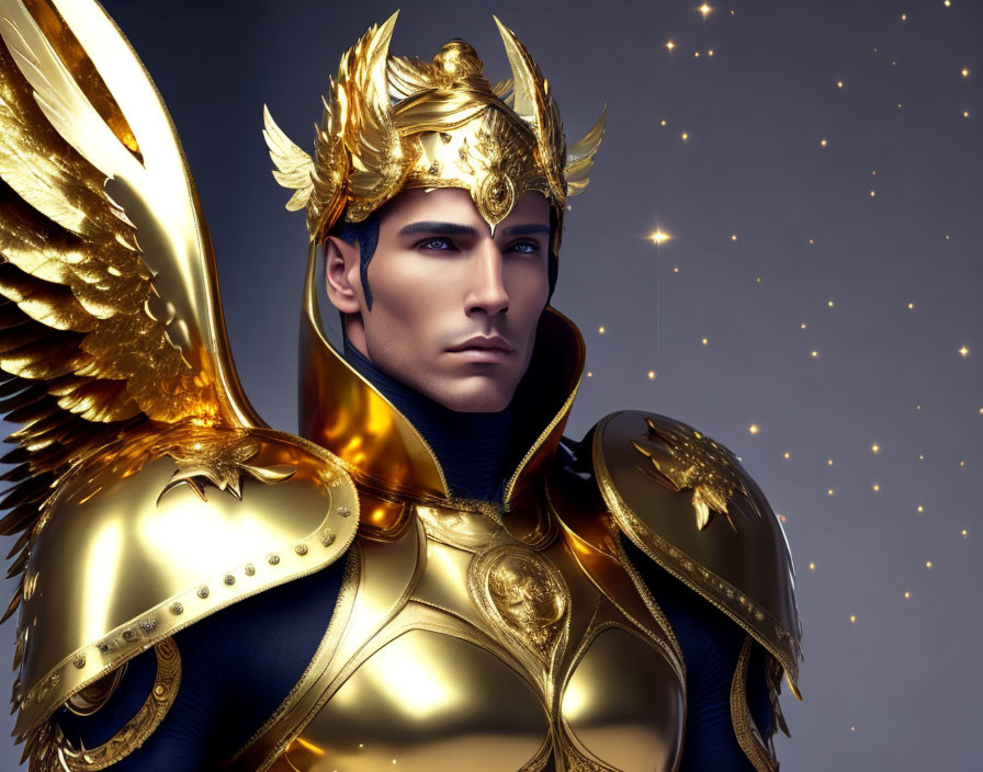 Golden-armored man with winged helmet in digital art against starry backdrop