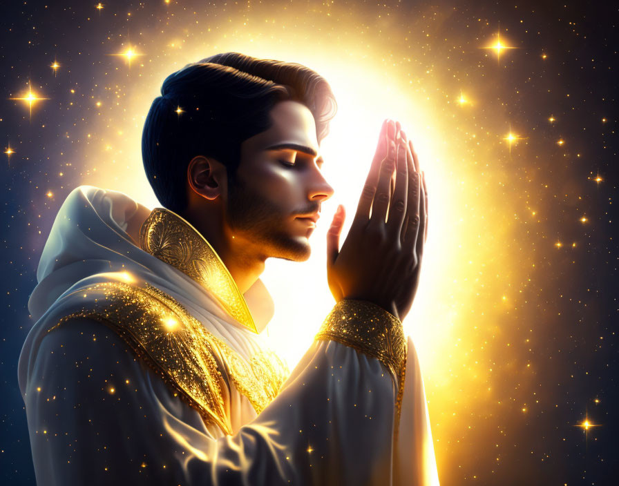 Serene illuminated figure in prayer surrounded by radiant glow