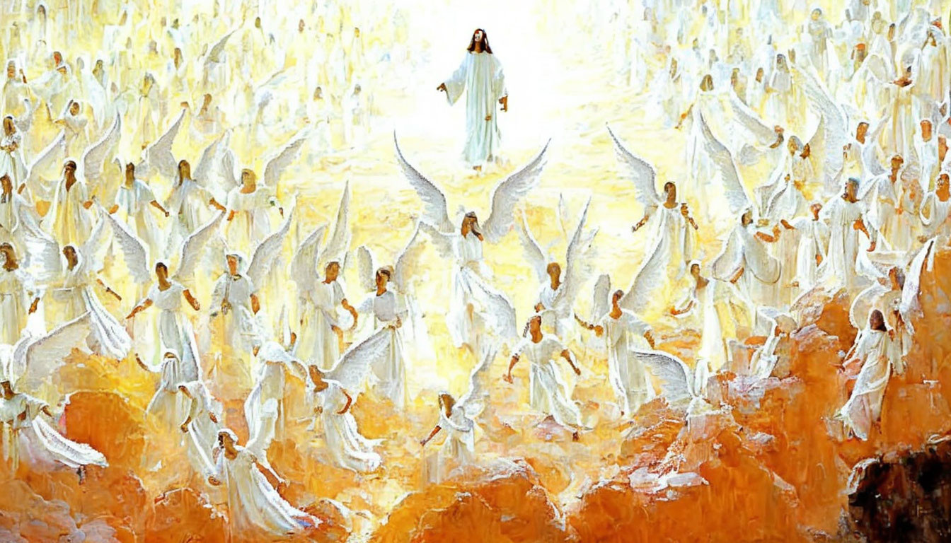 Vivid painting of person with angelic figures in white robes on warm backdrop