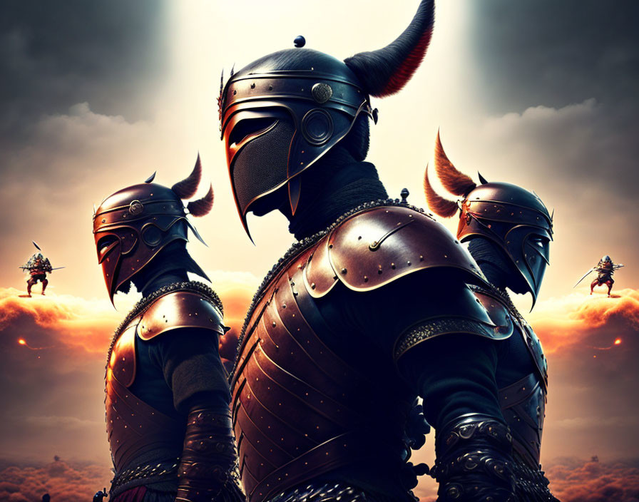 Three medieval knights in horned helmets under dramatic cloudy sky