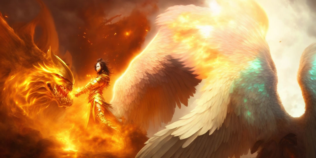 Fantasy art of woman with angelic wings facing fiery dragon