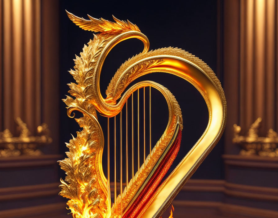 Golden harp with leaf patterns against classical columns in warm lighting