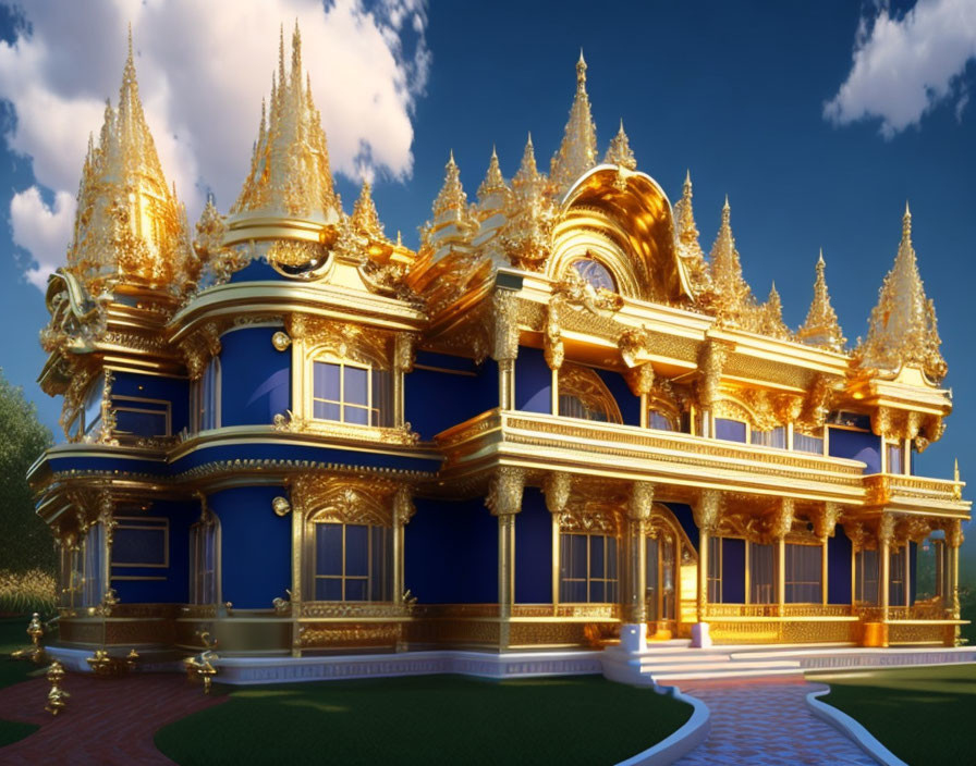 Opulent golden and blue building with intricate architectural details against clear dusk sky