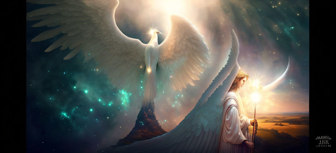 Fantasy Artwork: Winged Figure with Glowing Staff & Majestic Cosmic Creature