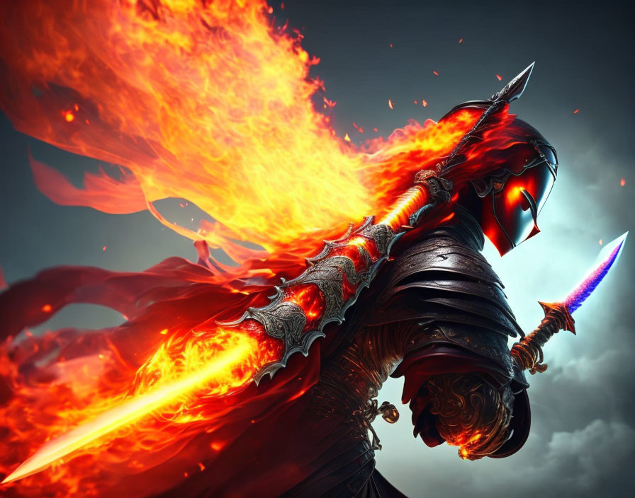 Fantasy warrior in red armor with fiery wings and blue sword in dramatic battle scene