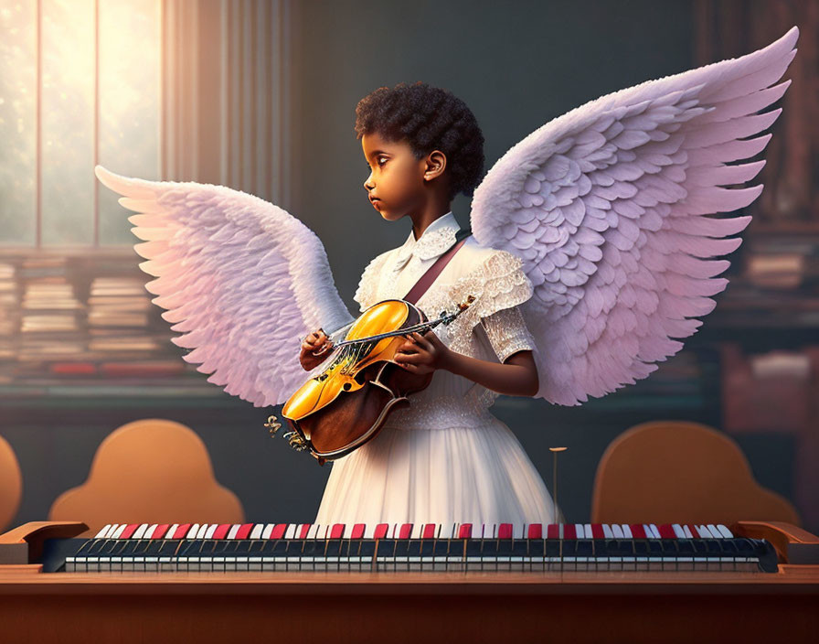 Young girl with angel wings plays violin by piano in sunlight