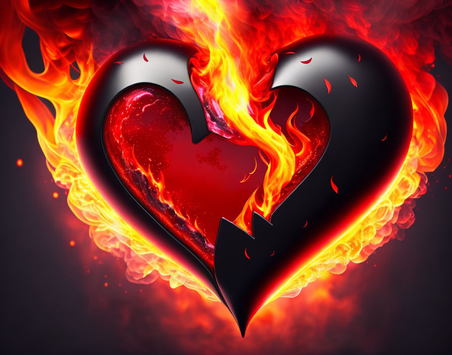 Shiny broken heart engulfed in flames on dark backdrop