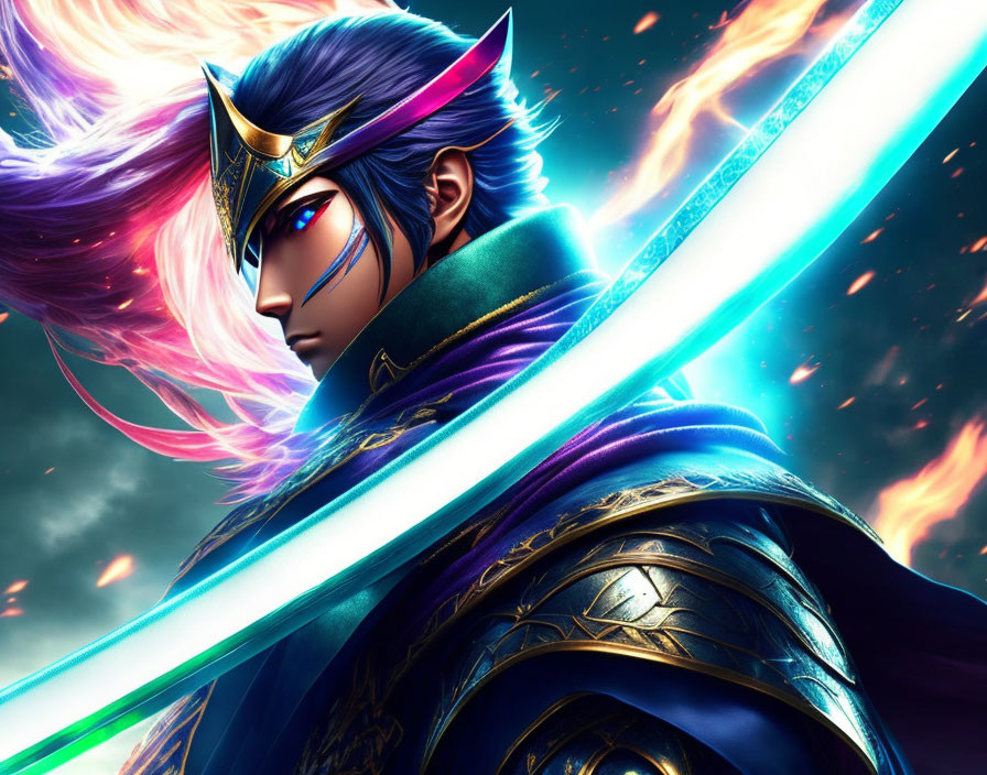 Animated warrior with purple hair and blue headpiece holding glowing sword