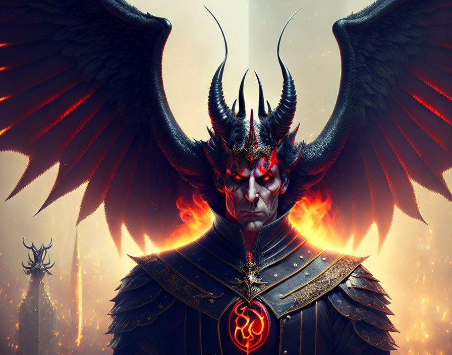 Sinister figure with black and red wings and glowing eyes in fiery setting