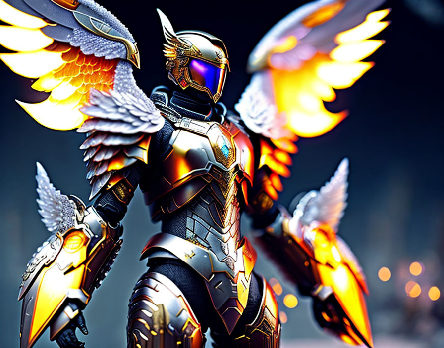 Futuristic armored warrior with golden wings in urban setting