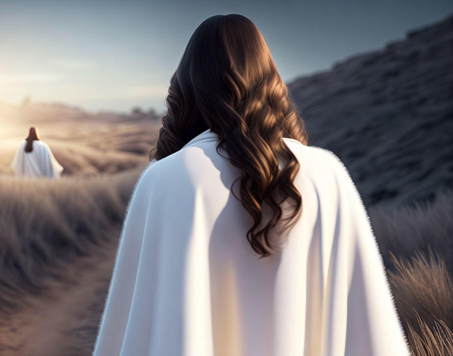 Two women in white cloaks in desert landscape under dusky sky