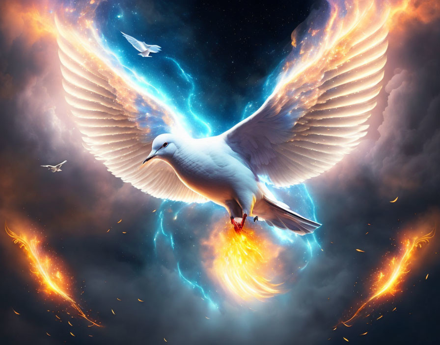 White Dove Surrounded by Flames and Smaller Doves in Dramatic Sky