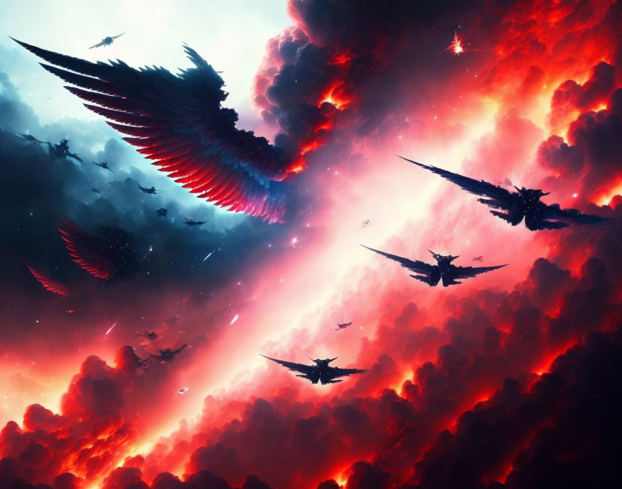 Majestic winged creatures in vibrant cosmic cloudscape