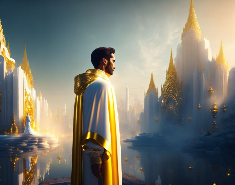 Man in Golden Cape Observing Fantastical Cityscape at Sunrise