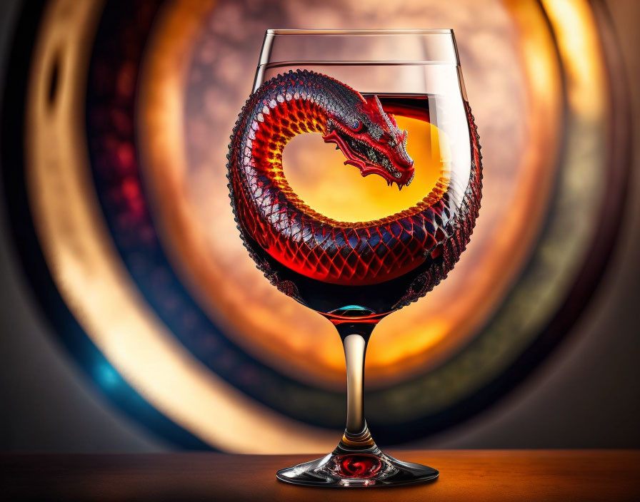 Red Wine Glass with Dragon Ripple Reflection on Warm Abstract Background