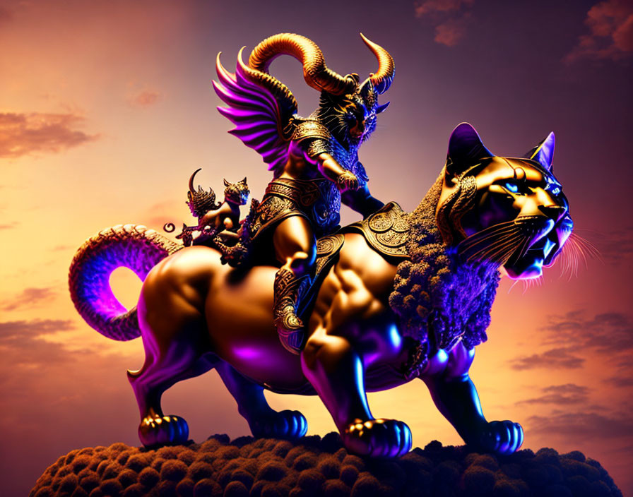 Fantasy figure on armored cat in vibrant digital art