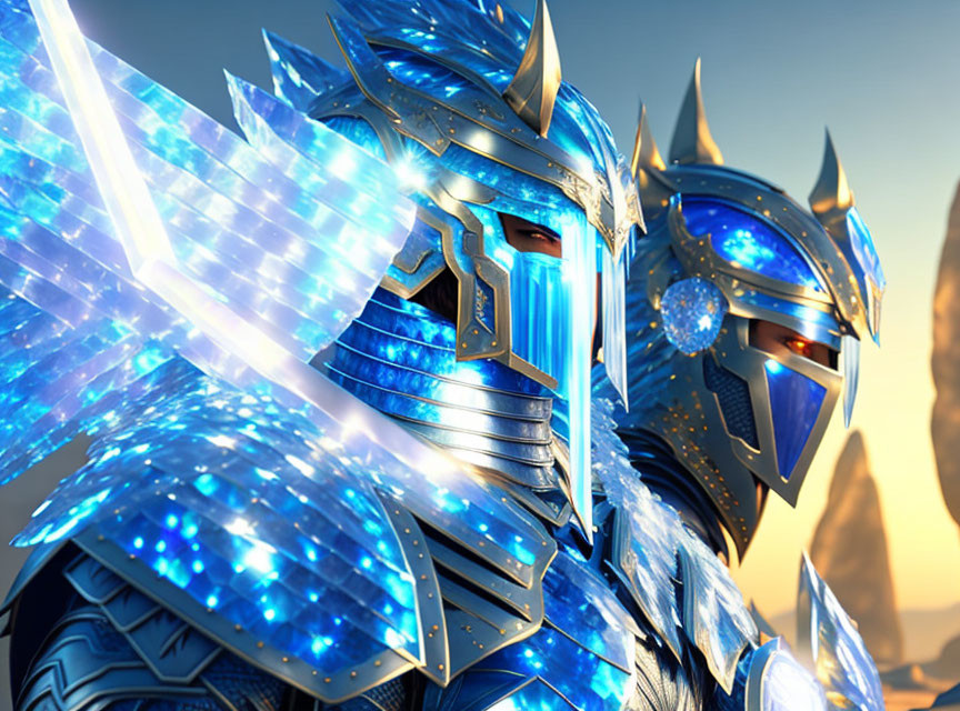 Two futuristic knights in blue armor with energy blades on a rocky landscape.