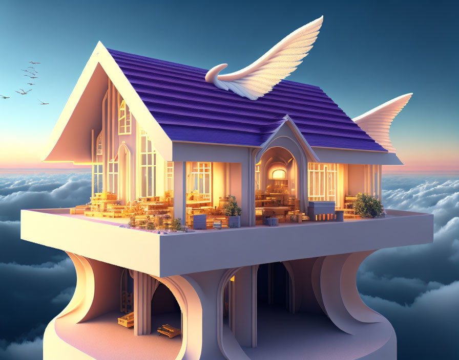 Floating whimsical house with wings and purple roof above clouds at sunset