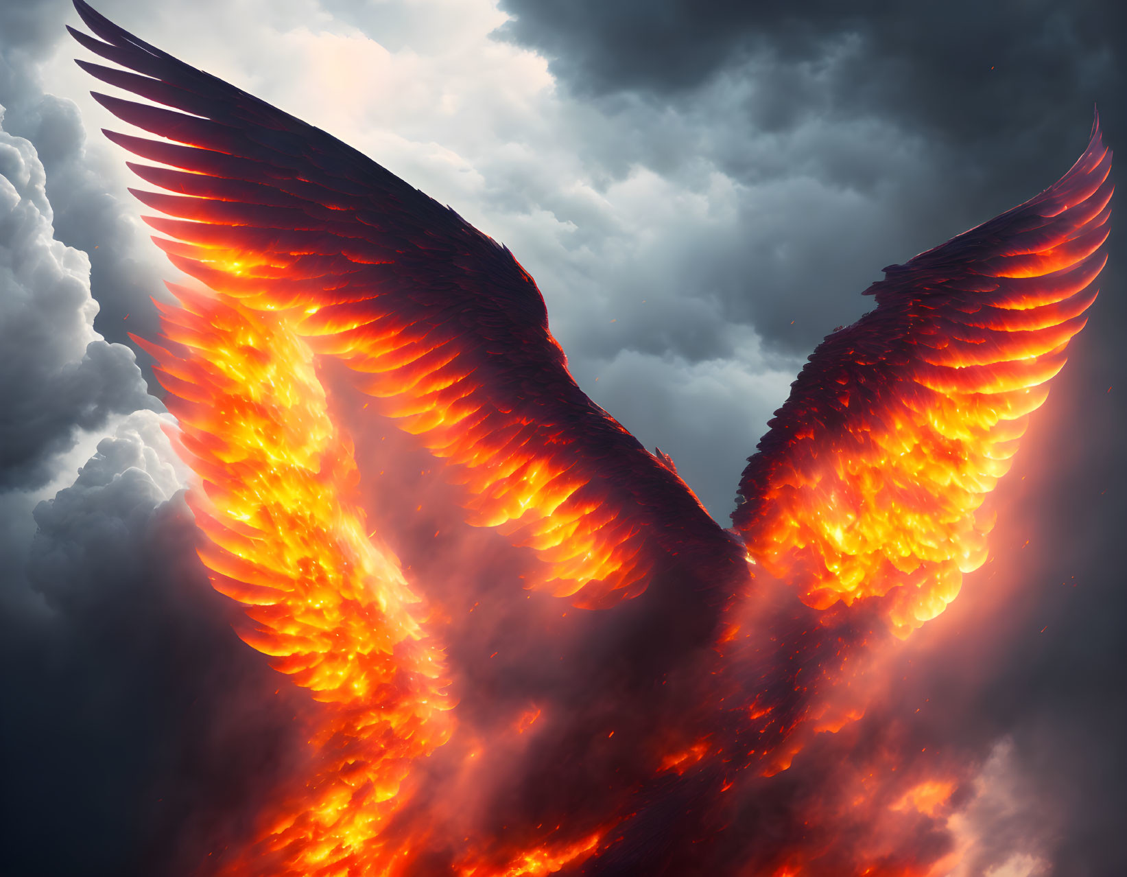 Fiery wings against dramatic sky with dark clouds