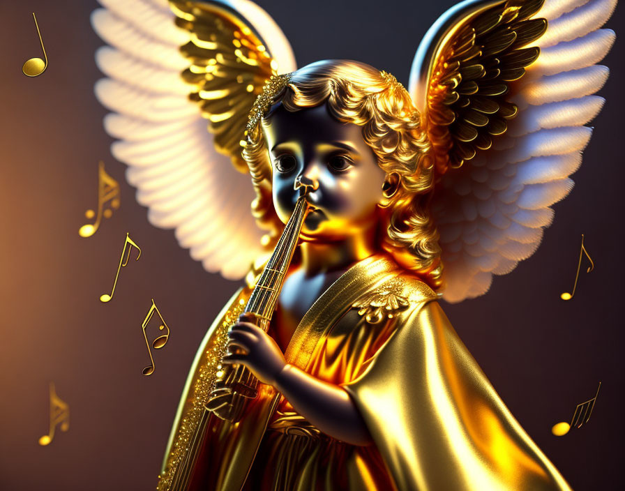 Golden-haired angel playing flute surrounded by musical notes on dark background