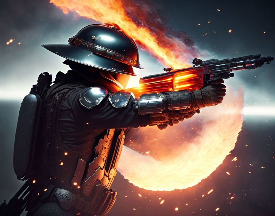 Futuristic soldier in armor with glowing rifle and explosion scene