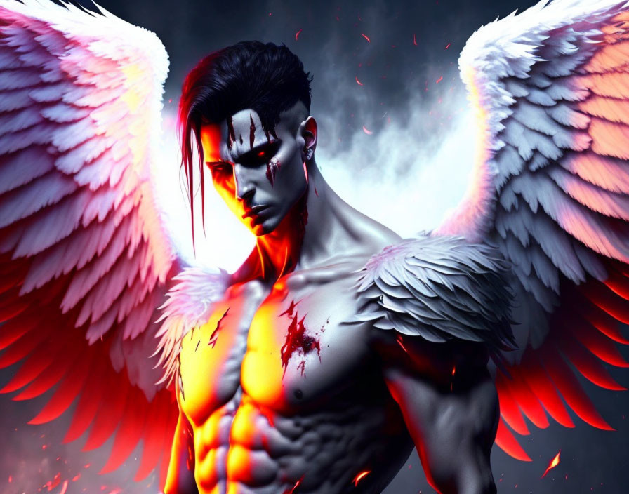 Muscular figure with white wings and intense eyes in dramatic lighting