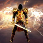 Majestic warrior in golden armor with glowing sword against fiery backdrop