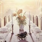 Table setting with white flowers centerpiece, golden candles, fine china, and warm lights