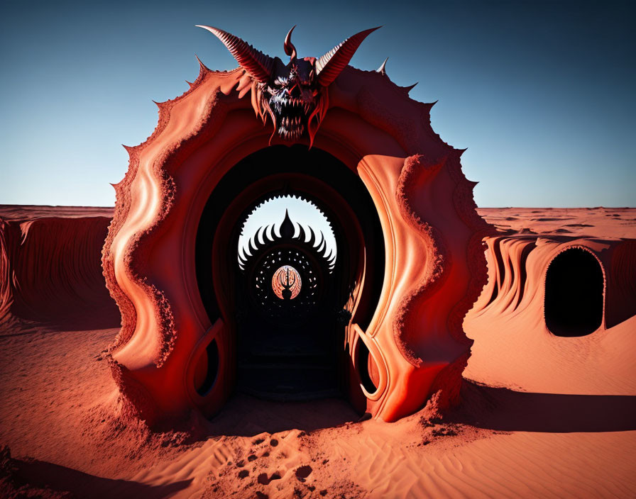 Surreal dragon-like structure entrance in desert landscape