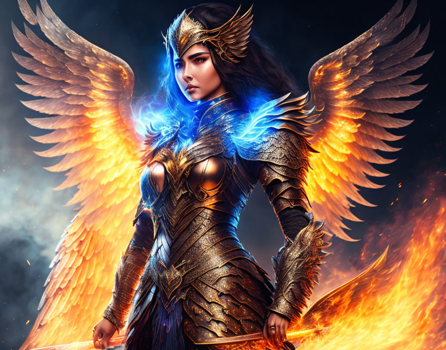 Warrior with blazing wings in fiery and icy hues against cosmic backdrop