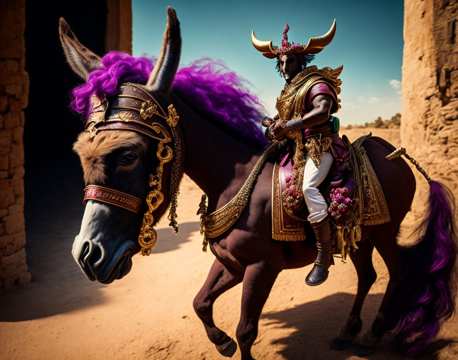 Person in ornate armor riding donkey with vibrant purple mane in sandy environment