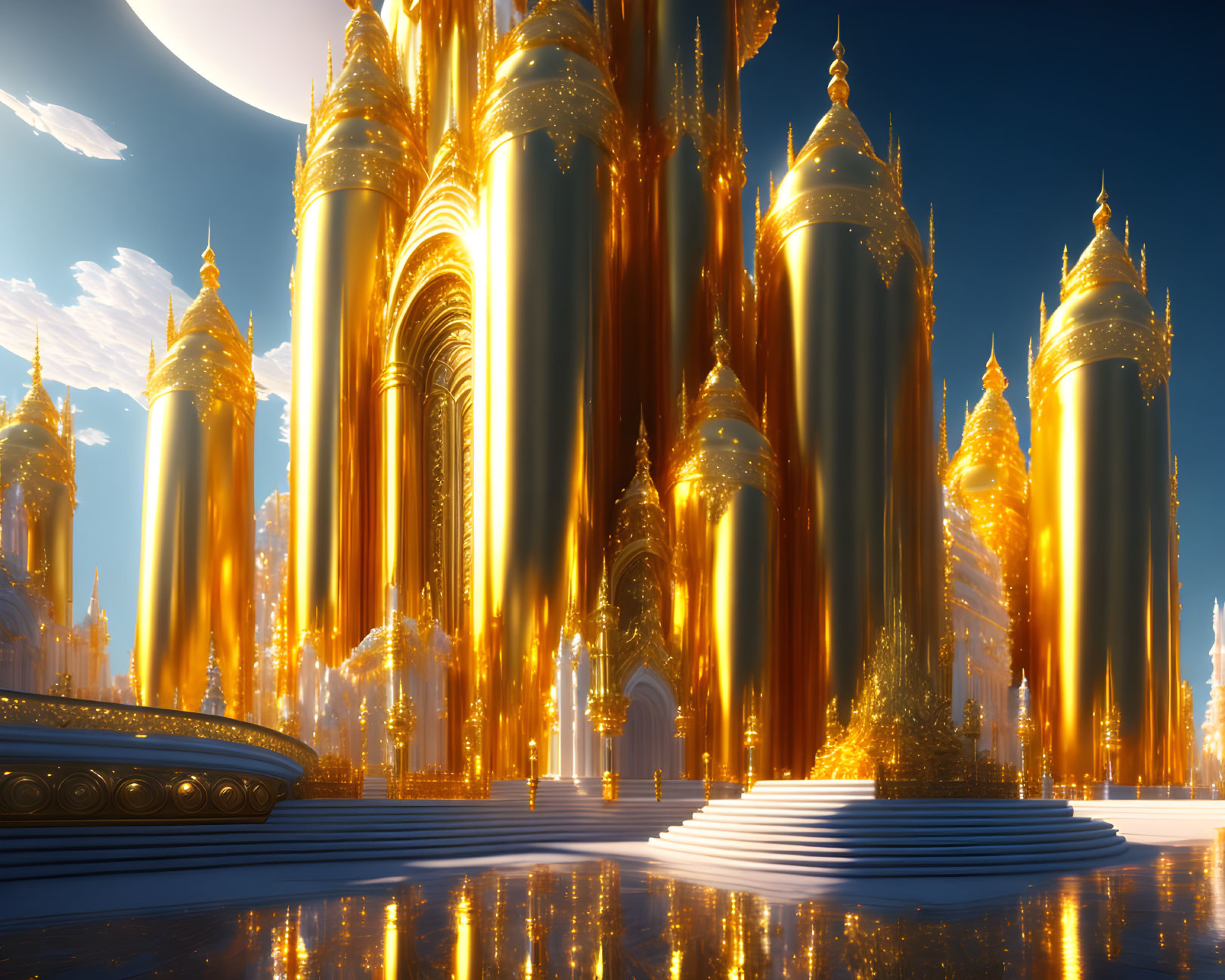 Golden city with spires and ornate architecture in sunlight by serene water