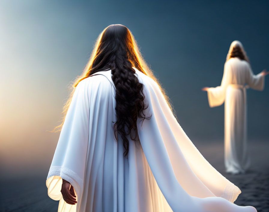 Two figures in white robes with long hair facing light on misty background