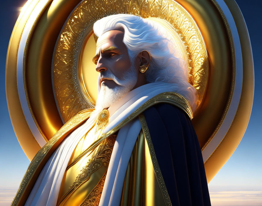 Regal figure with white hair and beard in gold and white robes