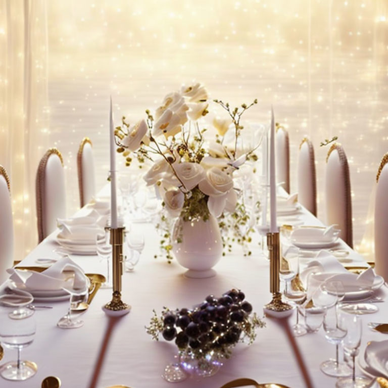 Table setting with white flowers centerpiece, golden candles, fine china, and warm lights