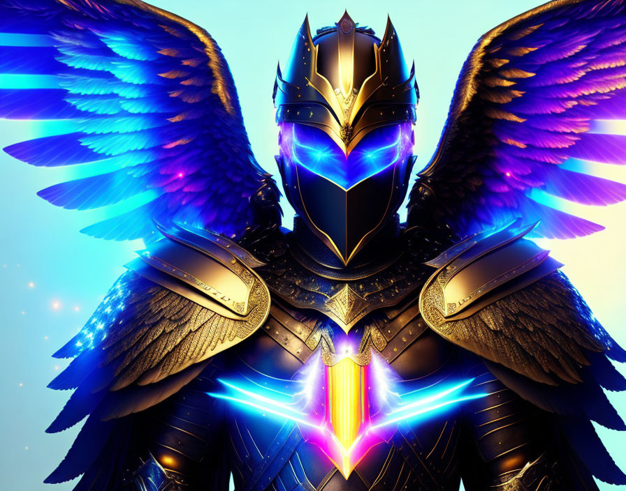 Armored figure with blue wings and neon glow helmet and chest plate