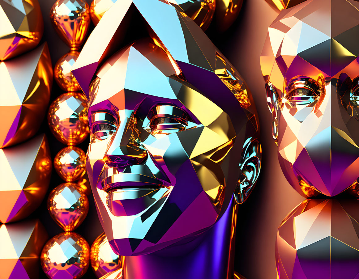 Vibrant 3D-rendered polygonal faces with golden geometric backdrop