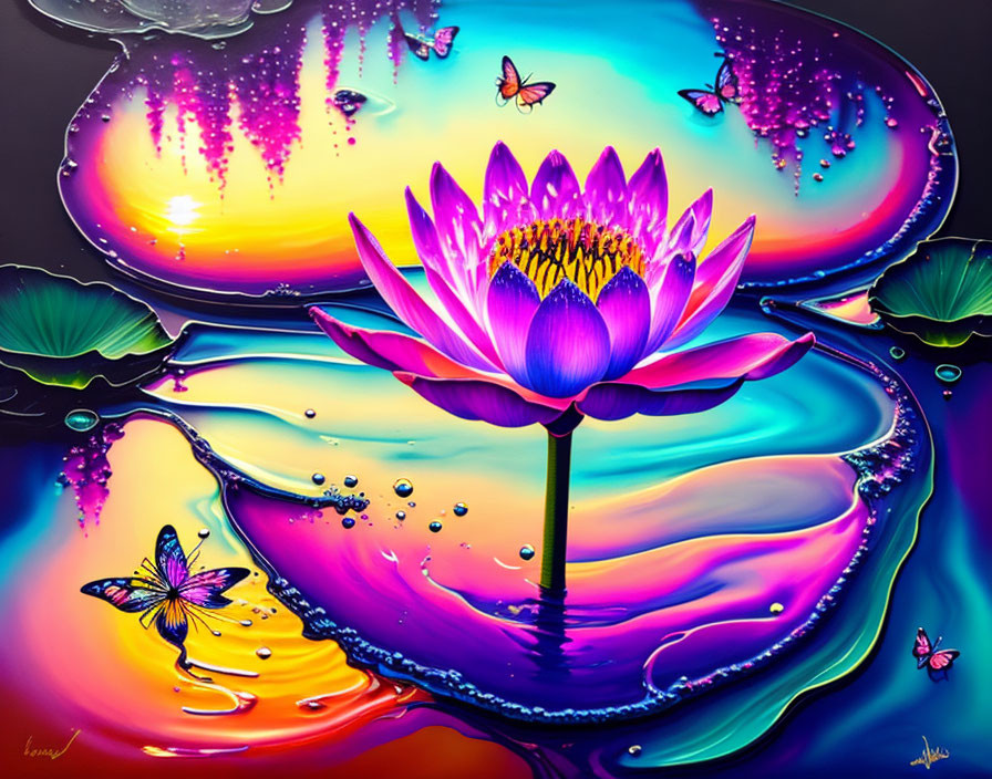 Colorful Lotus Flower Art on Iridescent Water with Butterflies and Petals