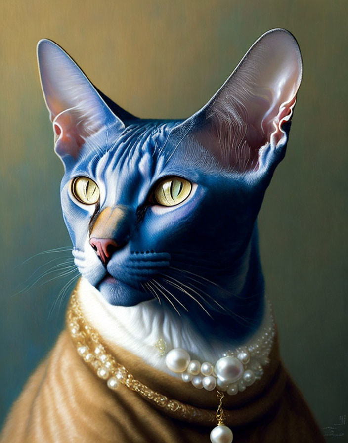 Digital Artwork: Cat with Human-like Features in Sweater & Pearl Necklace