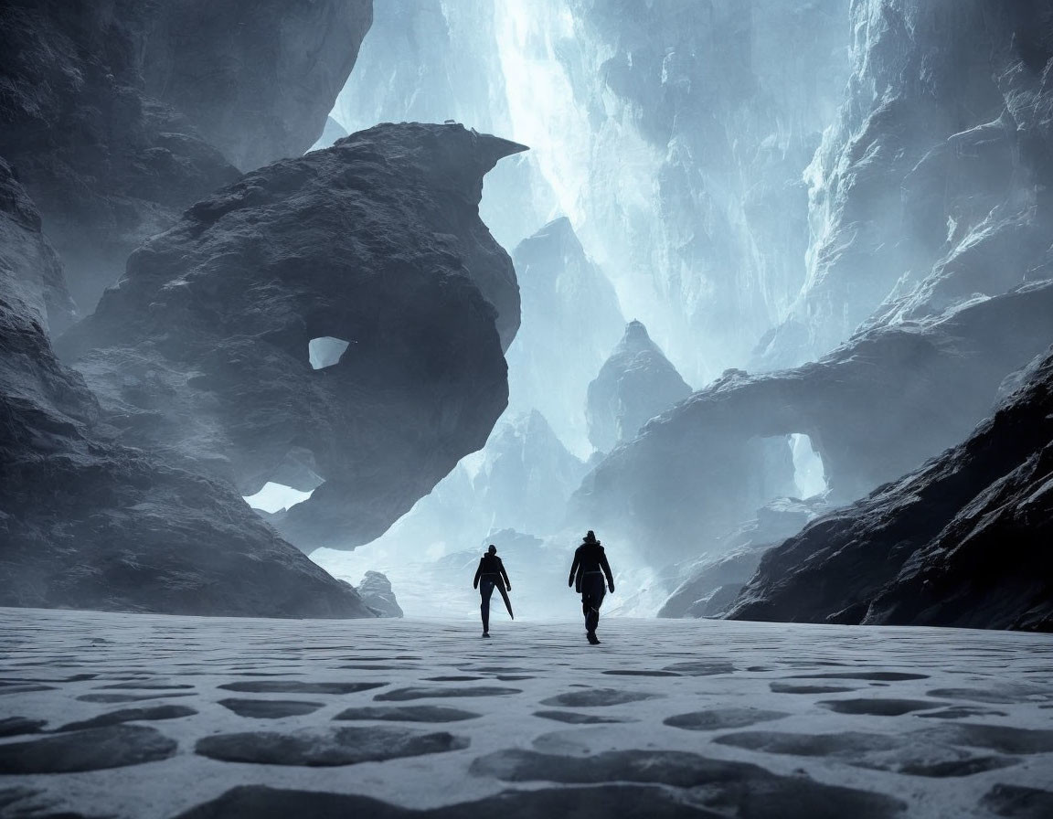 Figures Crossing Hexagonal Ground in Dimly Lit Icy Cavern