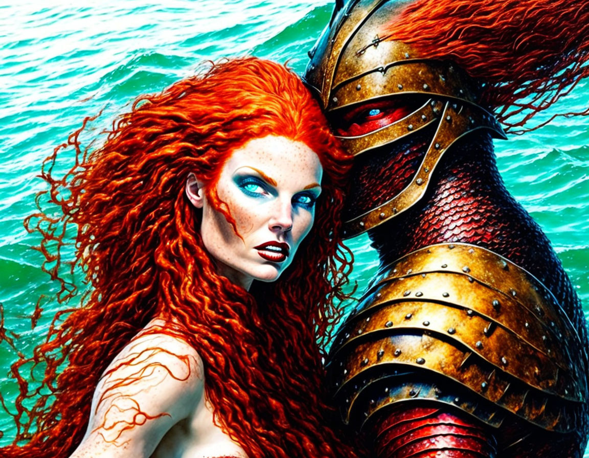 Vivid red-haired woman in bronze armor against turquoise sea